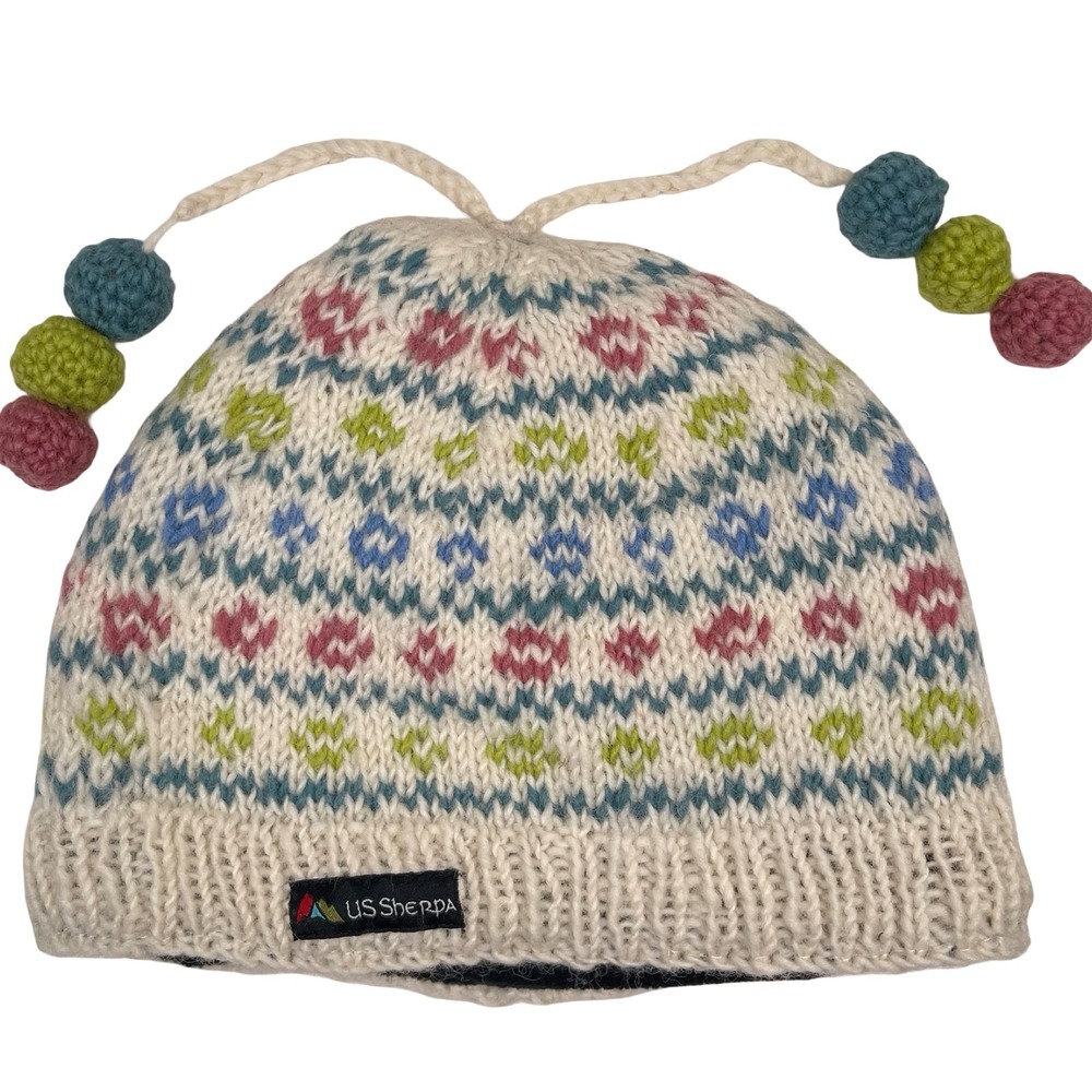 US Sherpa Wool Fair Isle Beanie Pink Green Cream Fleece Lined Pom Pom Hat Nepal